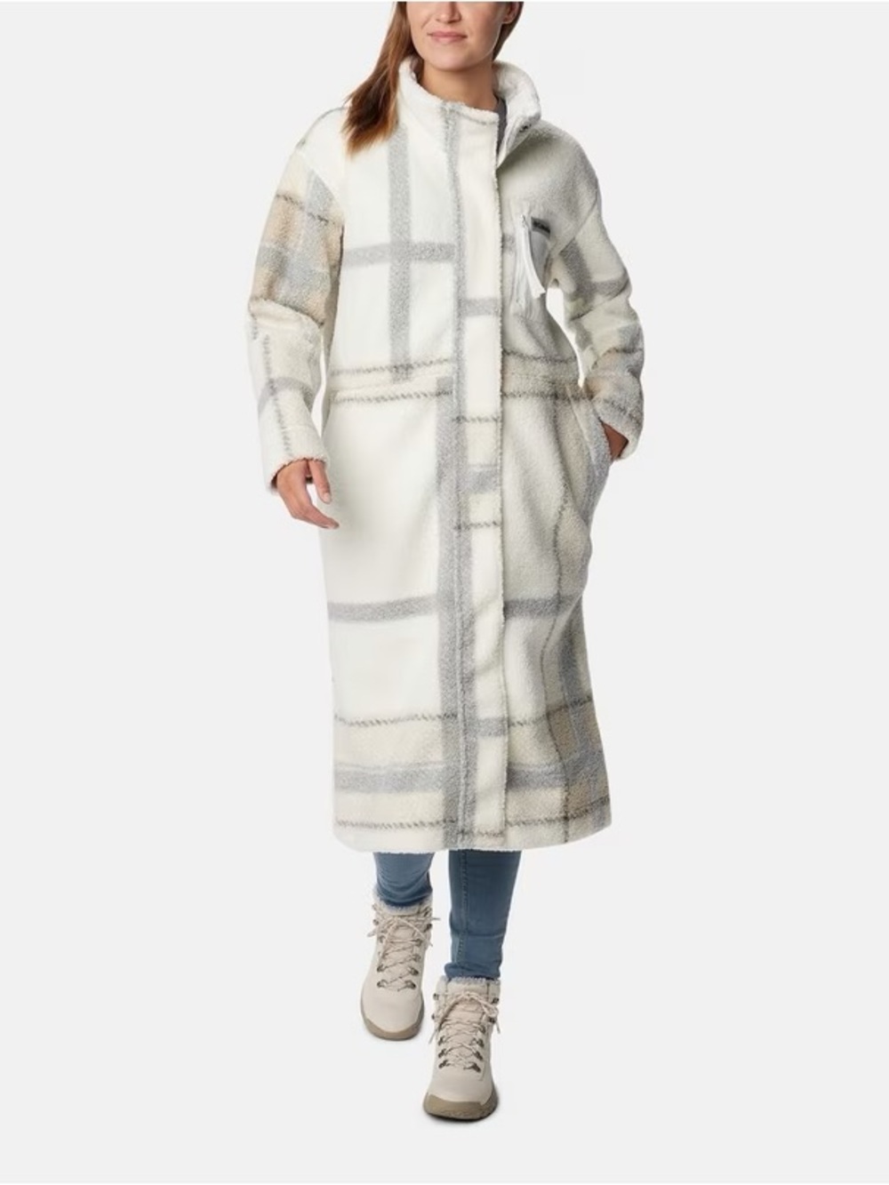Columbia Cream and Gray Plaid Fleece Long Coat